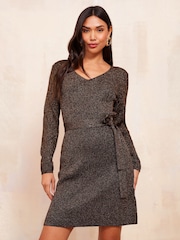 Friends Like These Gold Belted Metallic V Neck Dress - Image 1 of 4
