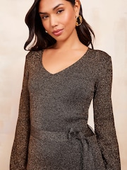 Friends Like These Gold Belted Metallic V Neck Dress - Image 3 of 4