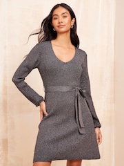 Friends Like These Black Belted Metallic V Neck Dress - Image 1 of 4