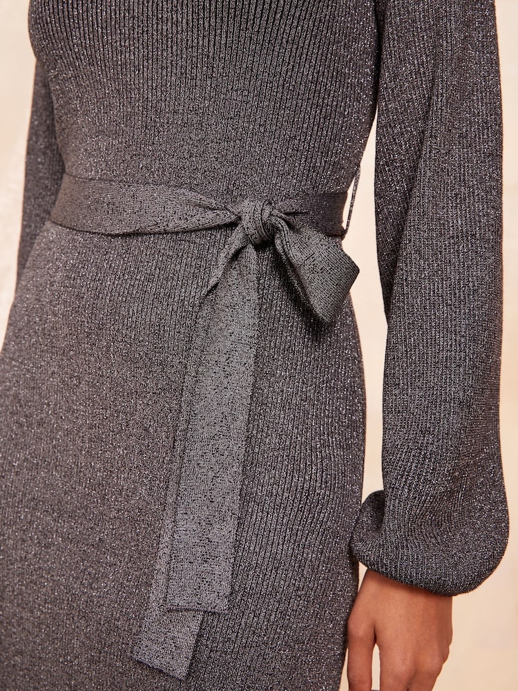 Friends Like These Black Belted Metallic V Neck Dress - Image 4 of 4