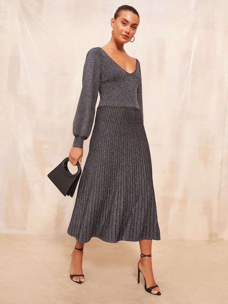 Friends Like These Grey V Neck Metallic Knitted Dress - Image 1 of 5