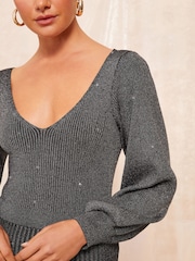 Friends Like These Grey V Neck Metallic Knitted Dress - Image 5 of 5