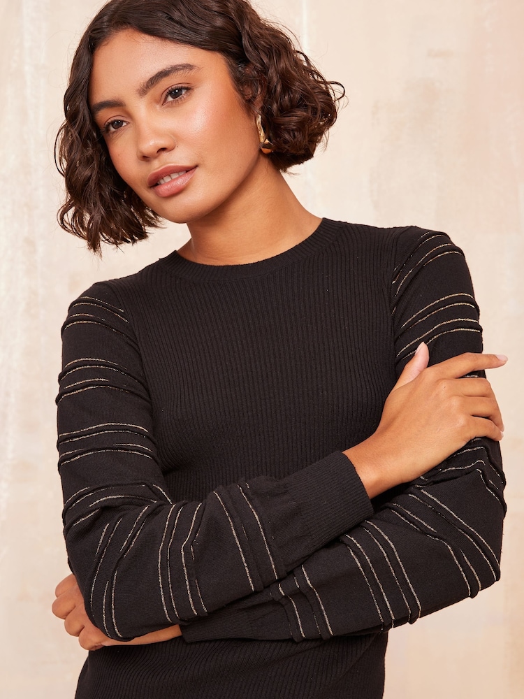 Friends Like These Black Sparkle Metallic Long Sleeve Knitted Mini Dress - Image 2 of 4
