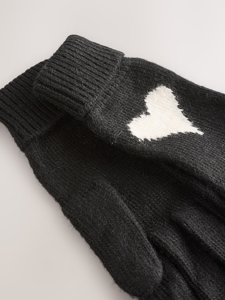 Black/White Heart Knitted Gloves - Image 2 of 3