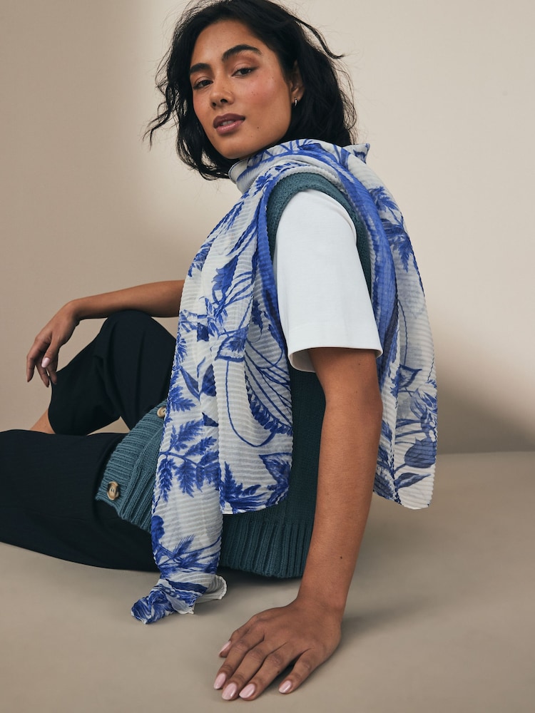 Blue/White Floral Plisse Lightweight Scarf - Image 1 of 5