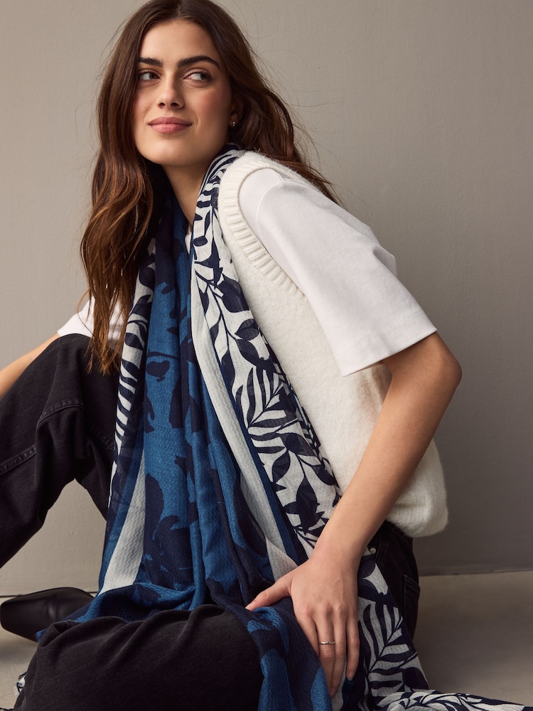 Navy Floral Print Lightweight Scarf - Image 2 of 6