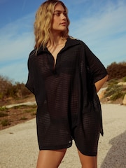 Black Longline Overhead 100% Cotton Shirt Cover-Up - Image 1 of 9