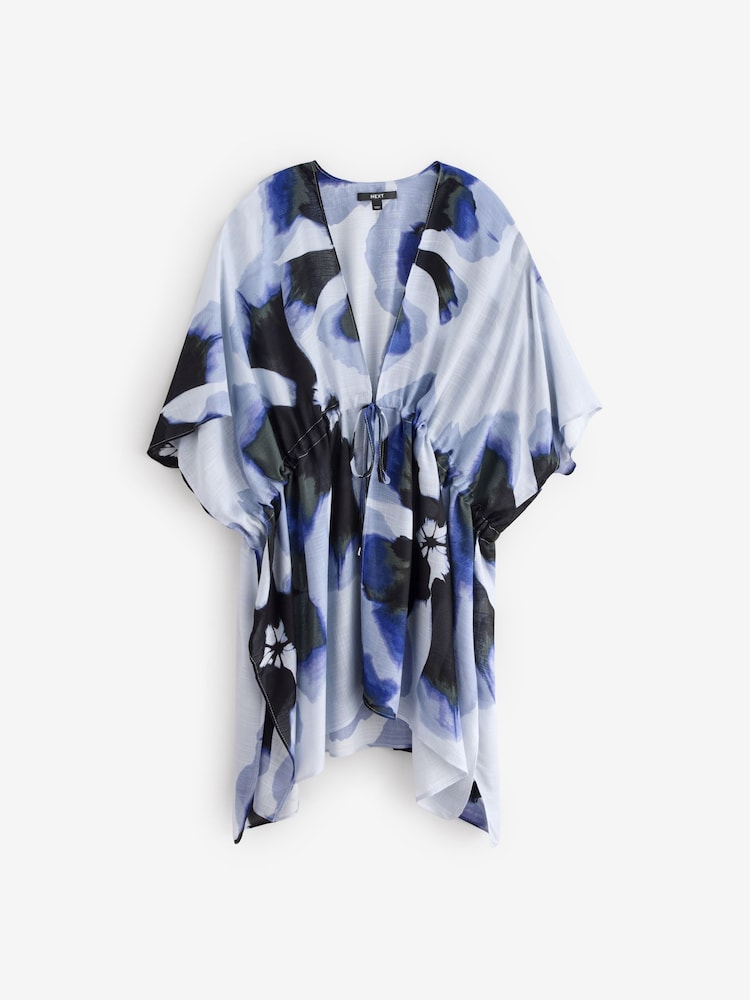Navy Abstract Floral Print Longline Tie Waist Kimono Cover-Up - Image 6 of 7