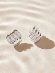 Silver Tone Stainless Steel Curved Ridge Stud Earrings - Image 2 of 10