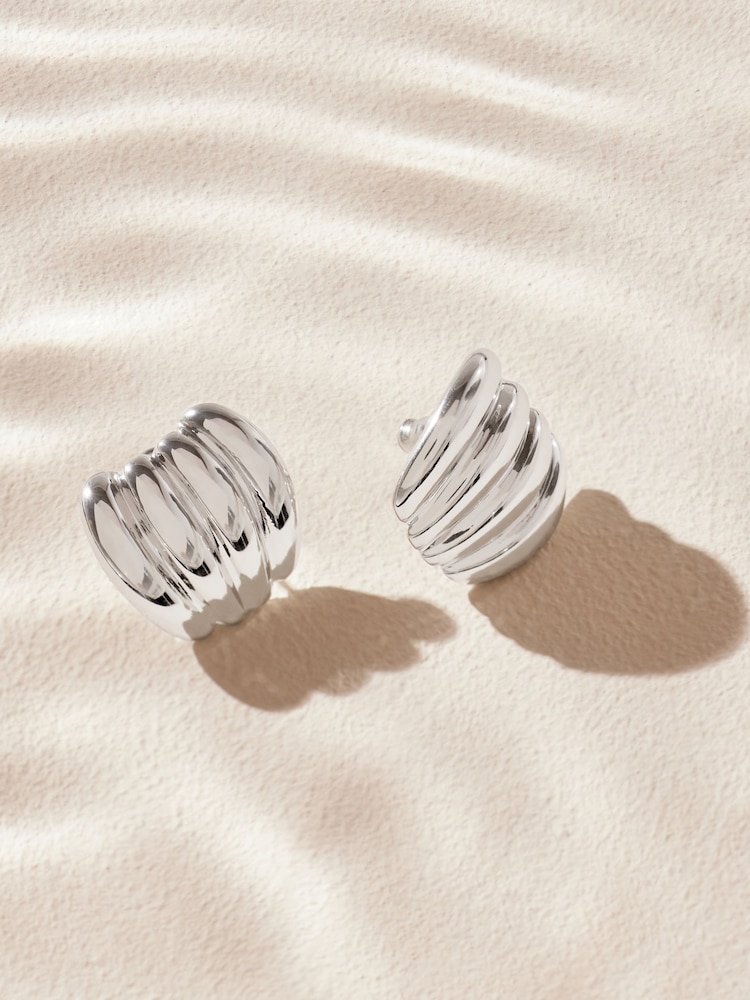 Silver Tone Stainless Steel Curved Ridge Stud Earrings - Image 2 of 10