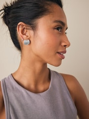 Silver Tone Stainless Steel Curved Ridge Stud Earrings - Image 6 of 10