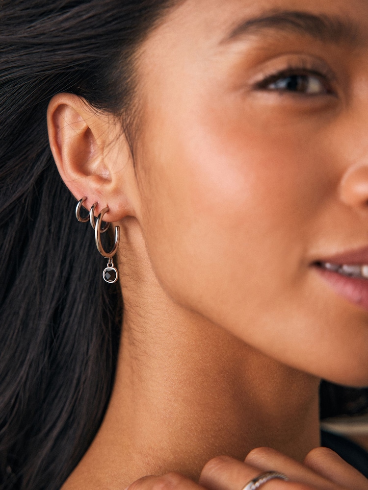 Silver Tone Stainless Steel Semi Precious Hoop Earrings - Image 1 of 4