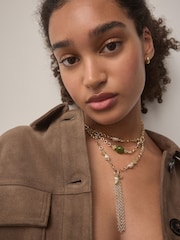 Gold Tone Beaded Tassel Necklace - Image 3 of 5