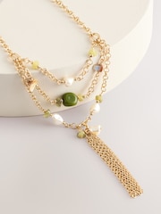 Gold Tone Beaded Tassel Necklace - Image 4 of 5
