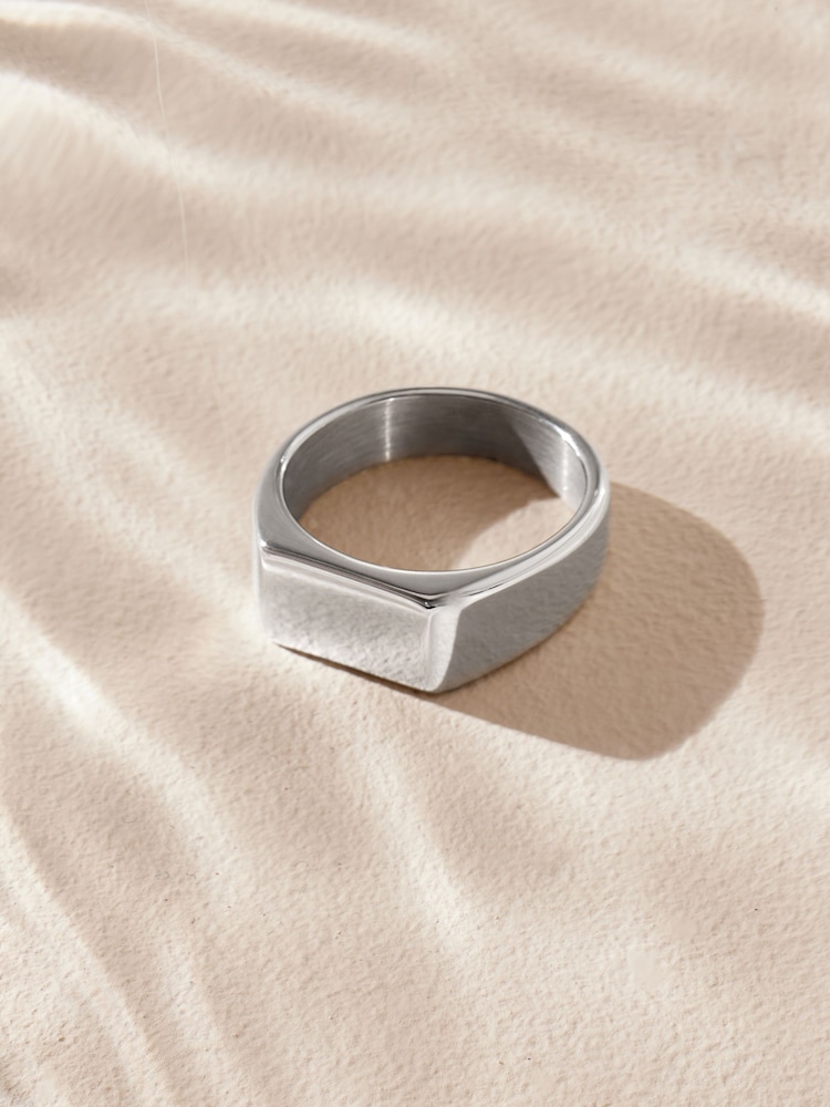 Silver Tone Stainless Steel Rectangular Signet Ring - Image 1 of 9