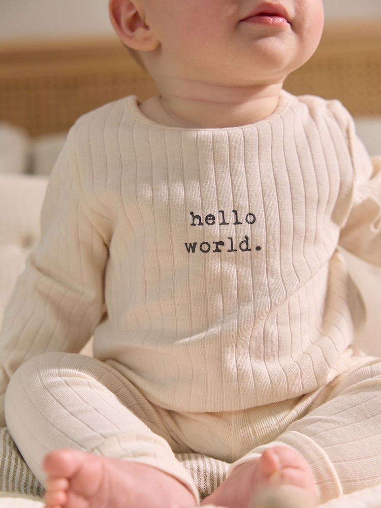 Cream/Grey Slogan Hello World - Baby Top and Leggings Set 2 Piece (0mths-2yrs) - Imagen 2 de 12