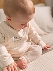 Cream/Grey Slogan Hello World - Baby Top and Leggings Set 2 Piece (0mths-2yrs) - Imagen 3 de 12