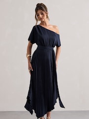 Club L London Blue India Satin Asymmetric Plisse Maxi Dress - Image 1 of 5
