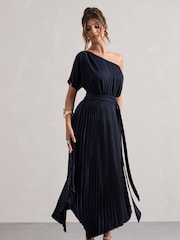Club L London Blue India Satin Asymmetric Plisse Maxi Dress - Image 2 of 5