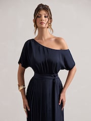 Club L London Blue India Satin Asymmetric Plisse Maxi Dress - Image 3 of 5