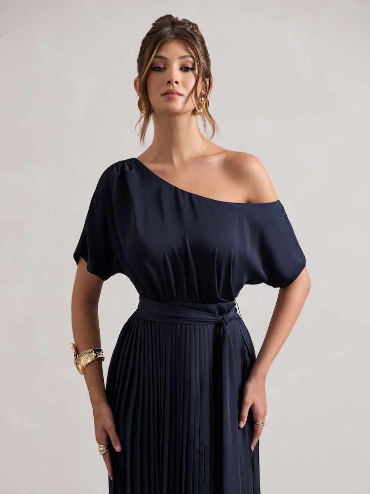 Club L London Blue India Satin Asymmetric Plisse Maxi Dress - Image 3 of 5