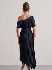 Club L London Blue India Satin Asymmetric Plisse Maxi Dress - Image 4 of 5