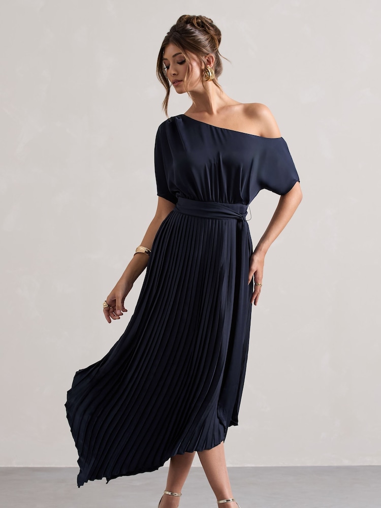 Club L London Blue India Satin Asymmetric Plisse Maxi Dress - Image 5 of 5