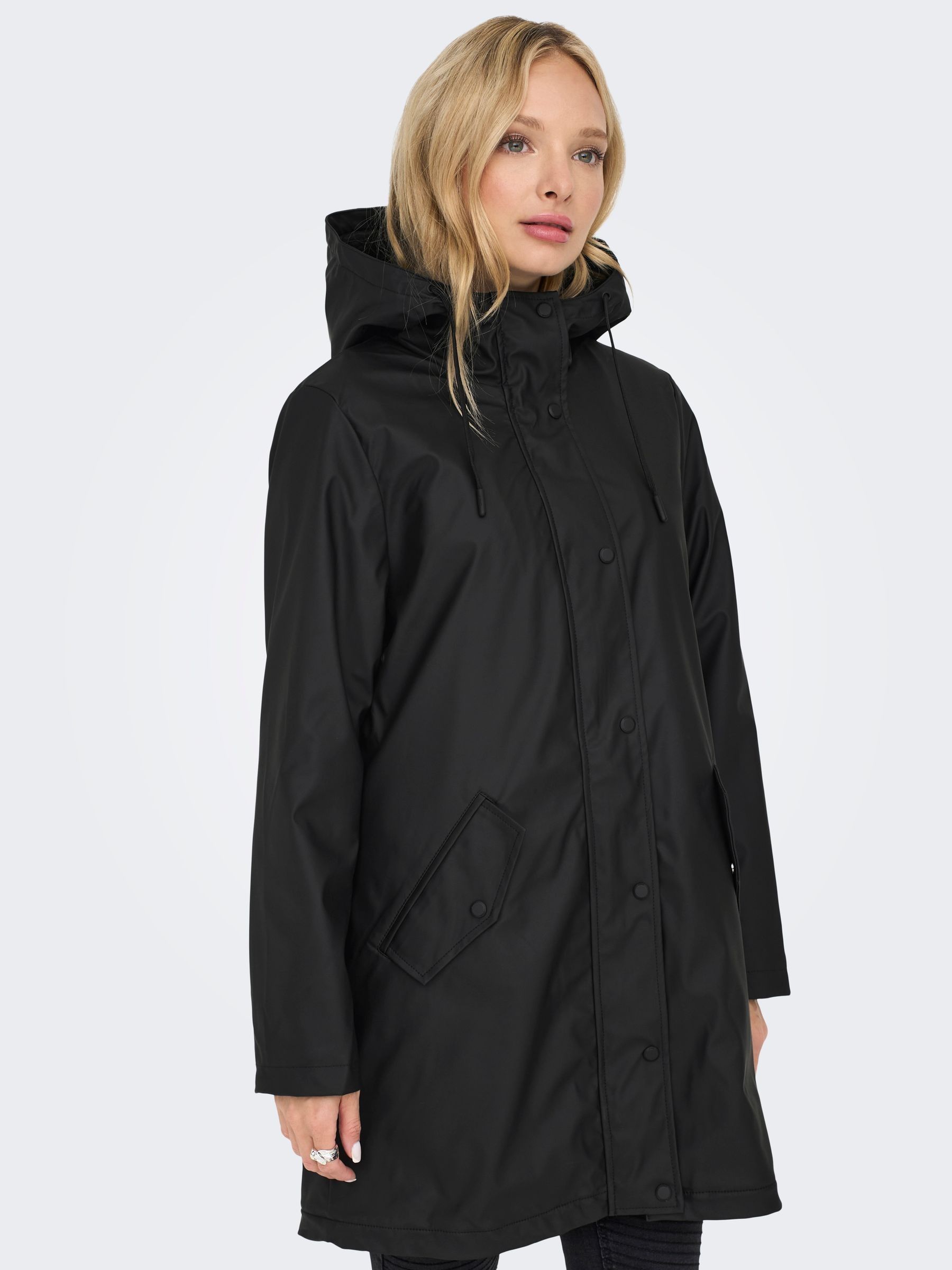 ONLY Black Drawstring Hood Lined Raincoat
