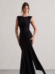 Club L London Black Kadie Sleeveless Gathered Maxi Dress With Drape - Image 1 of 5