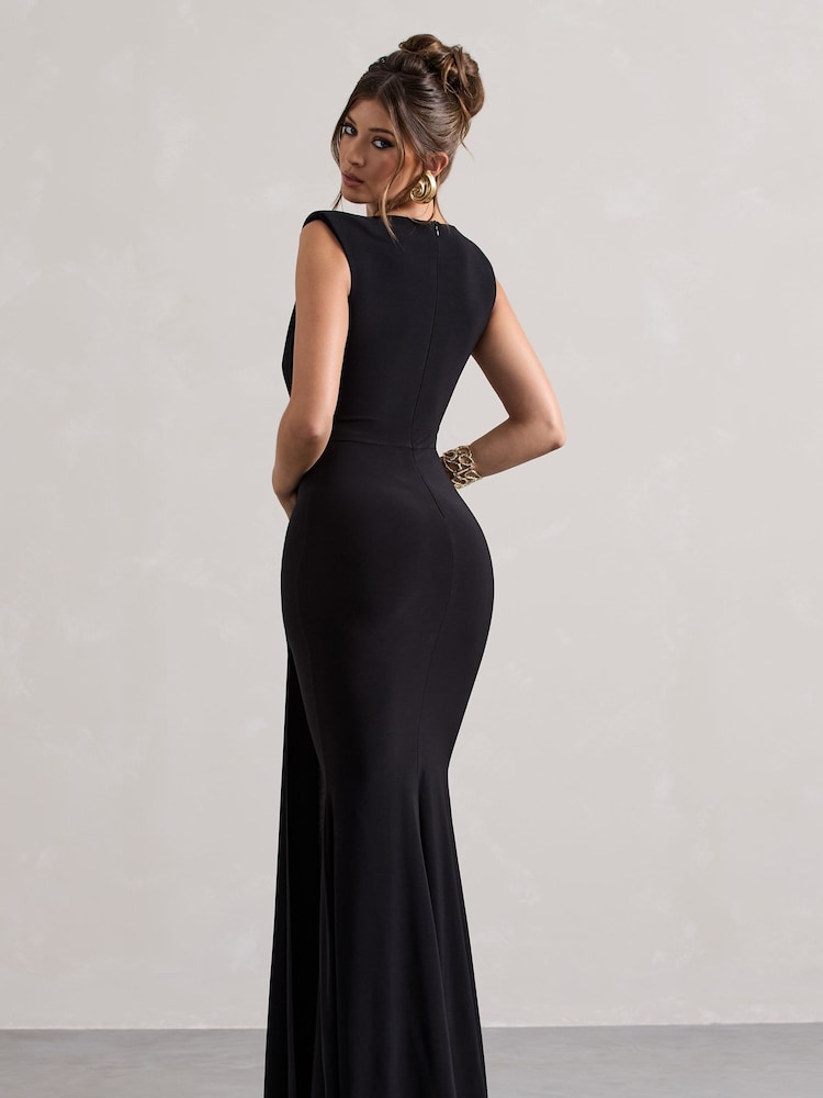 Club L London Black Kadie Sleeveless Gathered Maxi Dress With Drape - Image 2 of 5