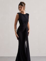 Club L London Black Kadie Sleeveless Gathered Maxi Dress With Drape - Image 4 of 5
