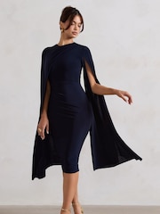 Club L London Blue Marysol Asymmetric Cape Midi Dress - Image 3 of 5