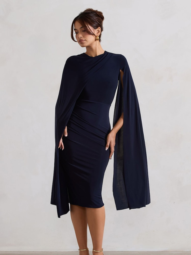Club L London Blue Marysol Asymmetric Cape Midi Dress - Image 4 of 5