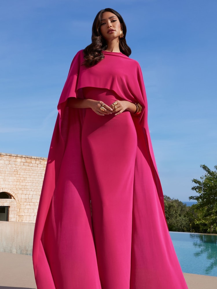 Club L London Pink Padma Draped Maxi Dress With Cape Sleeves - Image 1 of 7