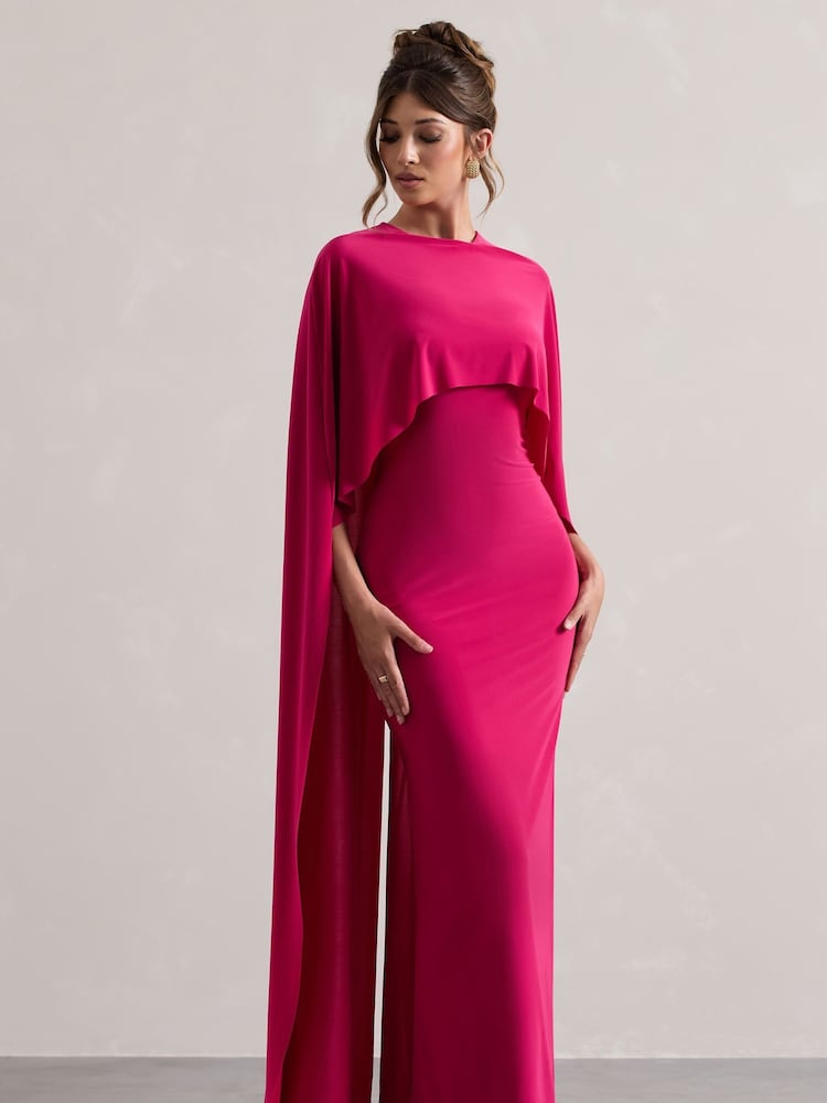 Club L London Pink Padma Draped Maxi Dress With Cape Sleeves - Image 4 of 7