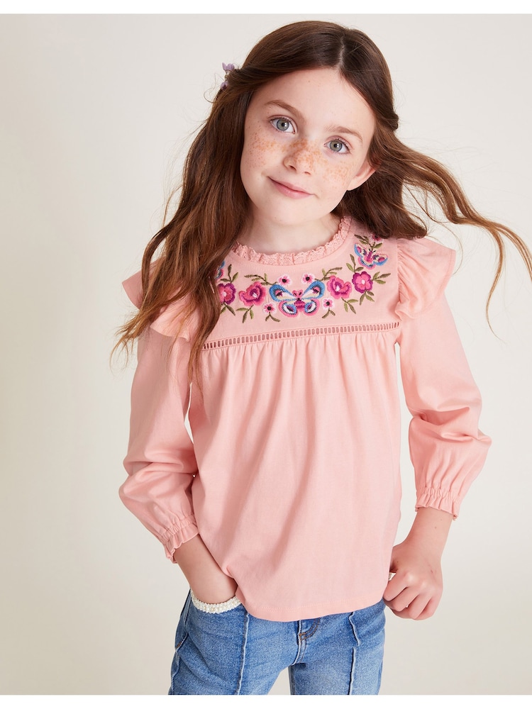 Monsoon Pink Long Sleeve Floral Embroidered 100% Cotton T-Shirt - Image 1 of 4 Monsoon Pink Long Sleeve Floral Embroidered 100% Cotton T-Shirt - Image 1 of 4