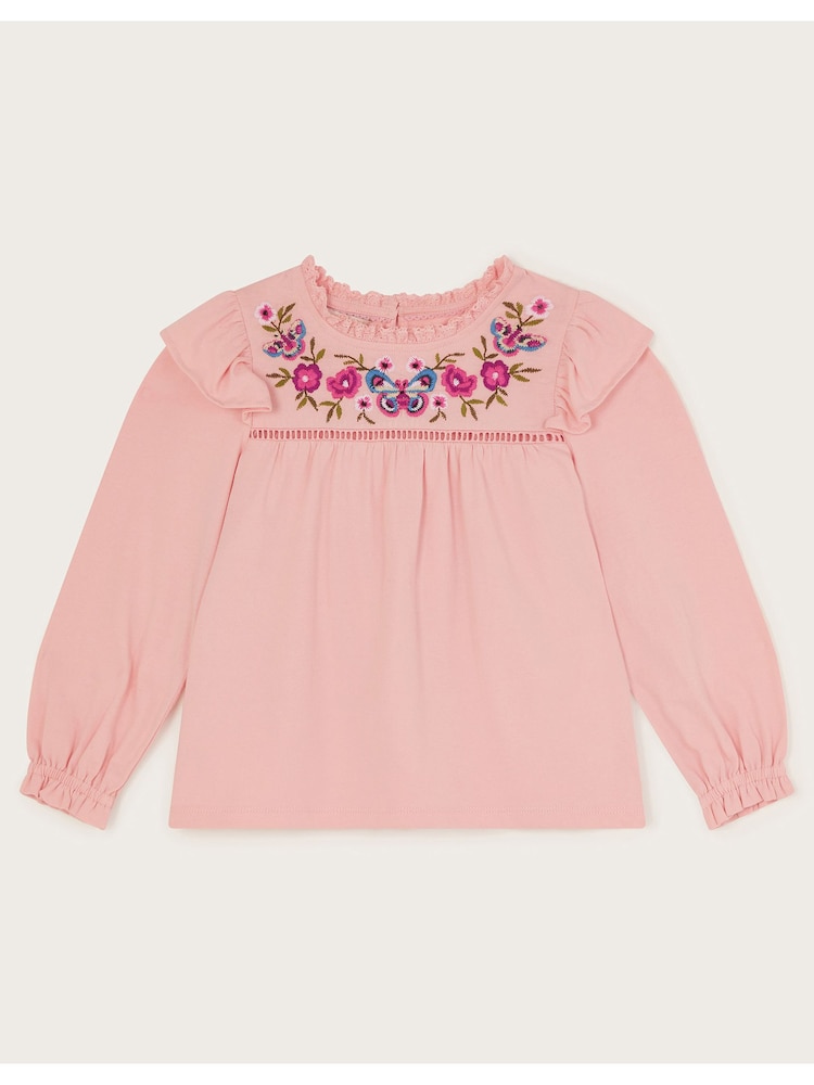 Monsoon Pink Long Sleeve Floral Embroidered 100% Cotton T-Shirt - Image 2 of 4 Monsoon Pink Long Sleeve Floral Embroidered 100% Cotton T-Shirt - Image 2 of 4