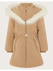 Monsoon Cream Padded Faux Fur Trim Belted Coat - Image 1 of 1