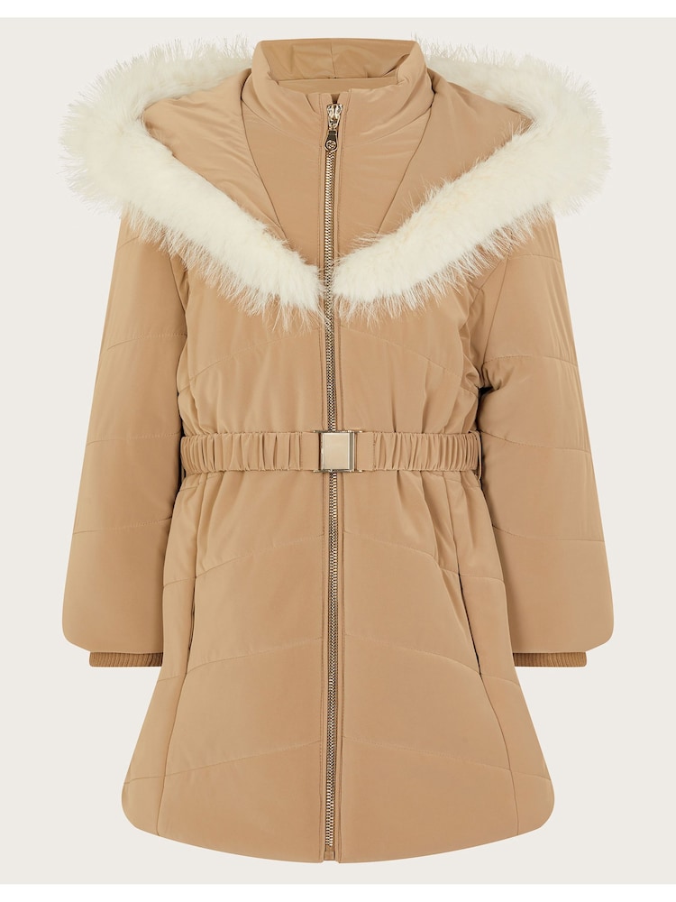 Monsoon Cream Padded Faux Fur Trim Belted Coat - Image 1 of 1