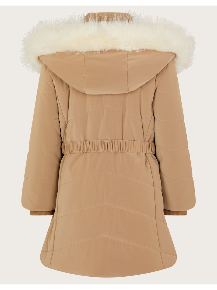 Monsoon Cream Padded Faux Fur Trim Belted Coat - Image 2 of 5