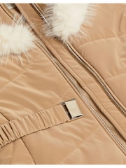 Monsoon Cream Padded Faux Fur Trim Belted Coat - Image 3 of 5