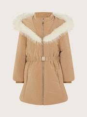 Monsoon Cream Padded Faux Fur Trim Belted Coat - Image 7 of 7