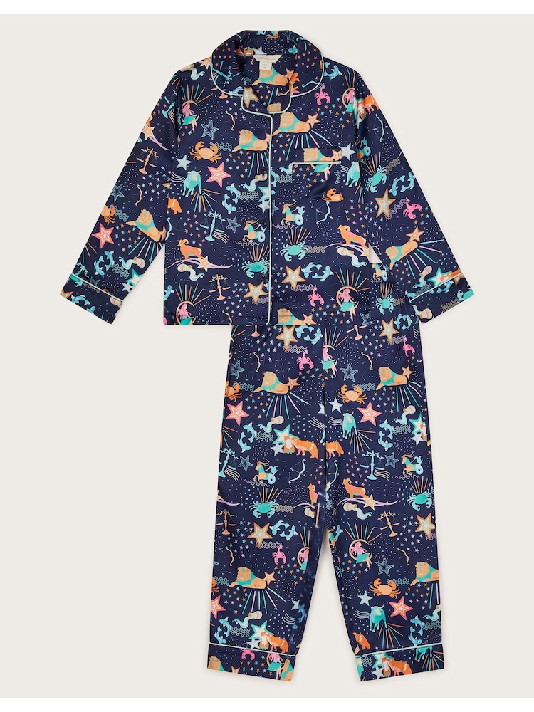 Monsoon Blue Zodiac Print Satin Pyjama Set - Image 1 of 4