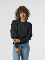 ONLY Black Puff Sleeve Lace Detail Jumper - Image 1 of 6