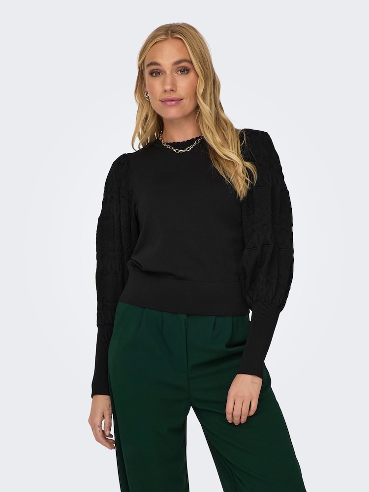 ONLY Black Puff Sleeve Lace Detail Jumper - Image 2 of 6