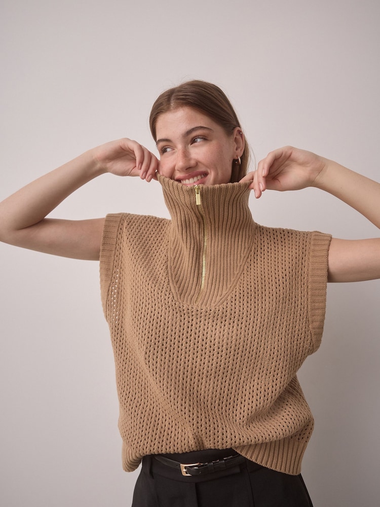 Camel Funnel Neck Knitted Tank - Image 2 of 10