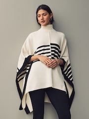 White/Black Striped Knitted Poncho - Image 1 of 6