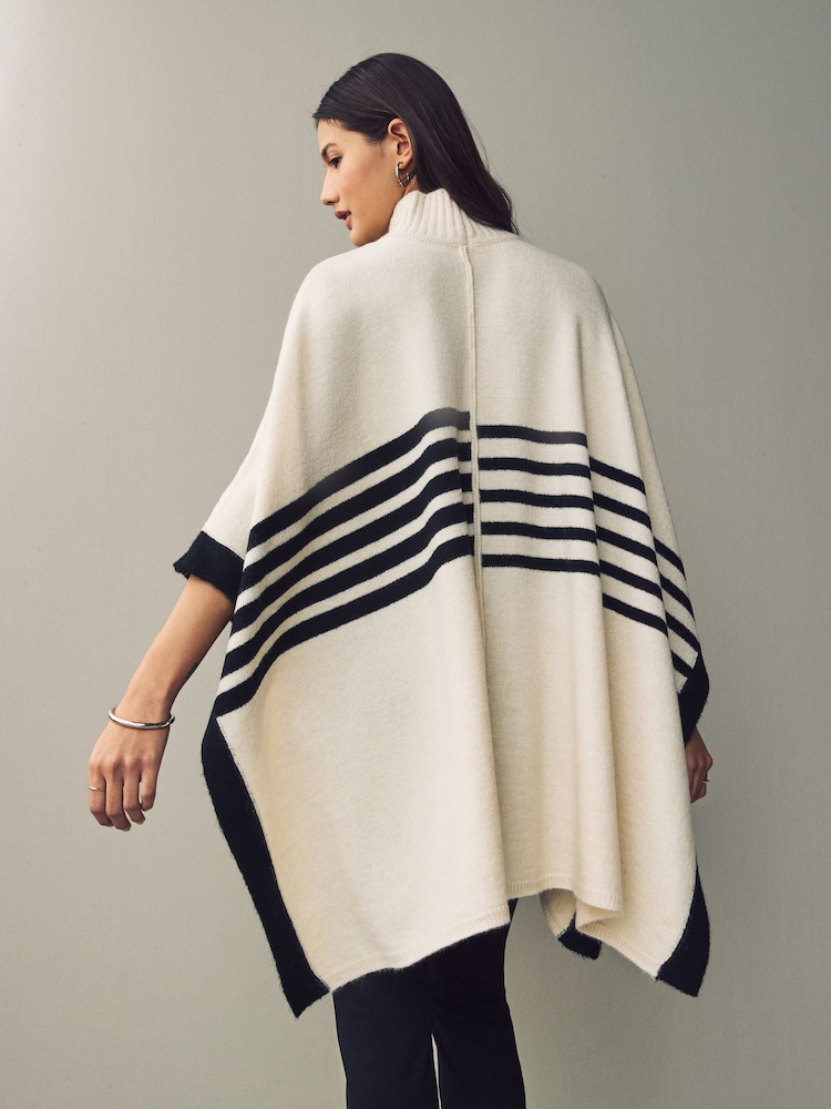 White/Black Striped Knitted Poncho - Image 2 of 6