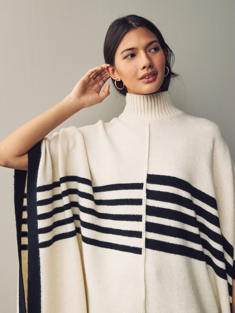 White/Black Striped Knitted Poncho - Image 3 of 6