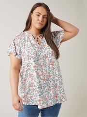 Evans Curve Floral Print Tie Neck White Blouse - Image 1 of 5